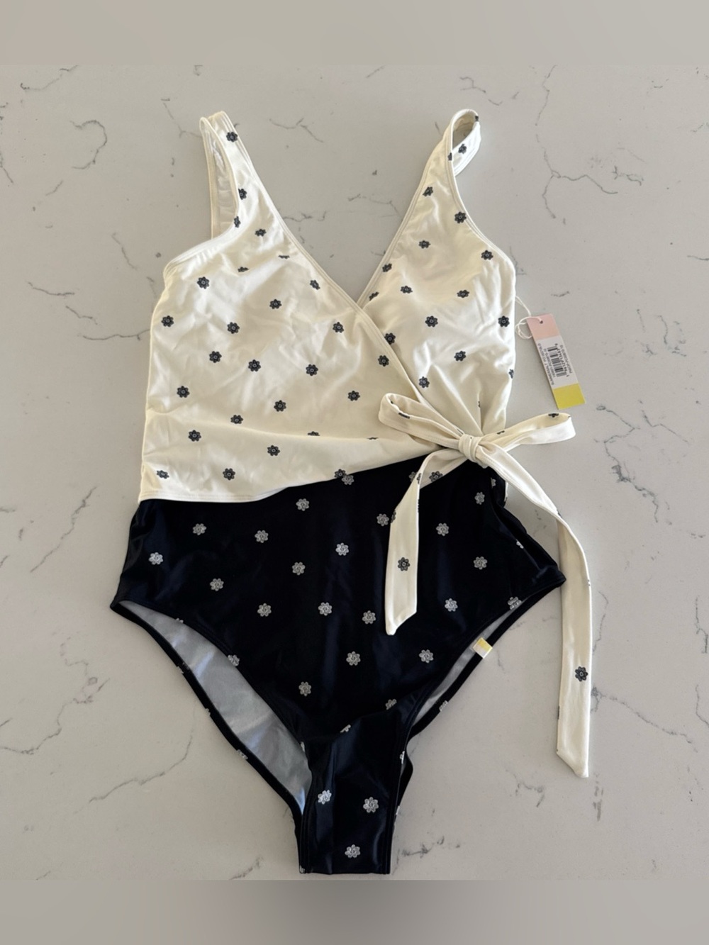 New Summersalt The Perfect Wrap Floral Wrap One-Piece Swimsuit Cream & Black